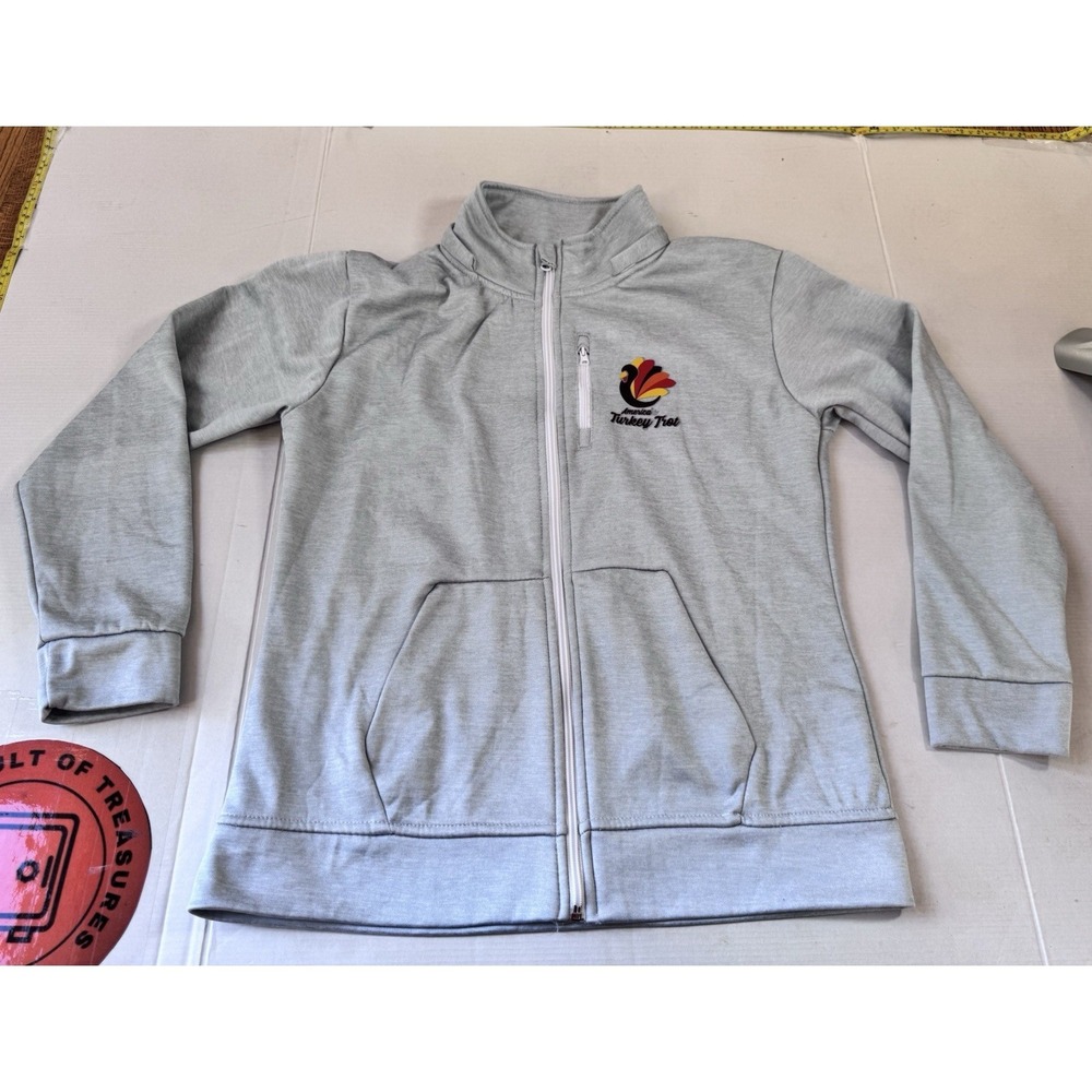 Running Man Turkey Trot Full Zip Fleece Jacket Gray Large L Mock Neck Pocket